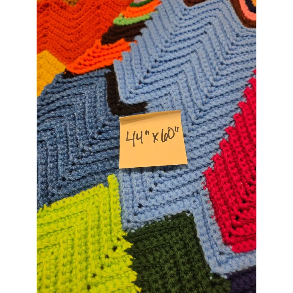 Handmade Crochet Afghan Blanket Multi Color Chevron Ripple‎ Throw 44x60 Retro